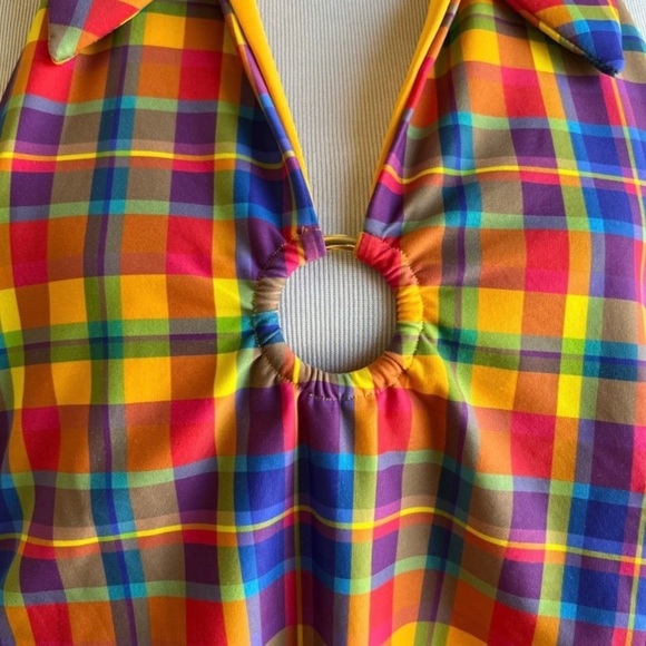 We Wore What Plaid Halter Plunging Multi Color One Piece Swim Suit. Sz XS/TP - Picture 4 of 10